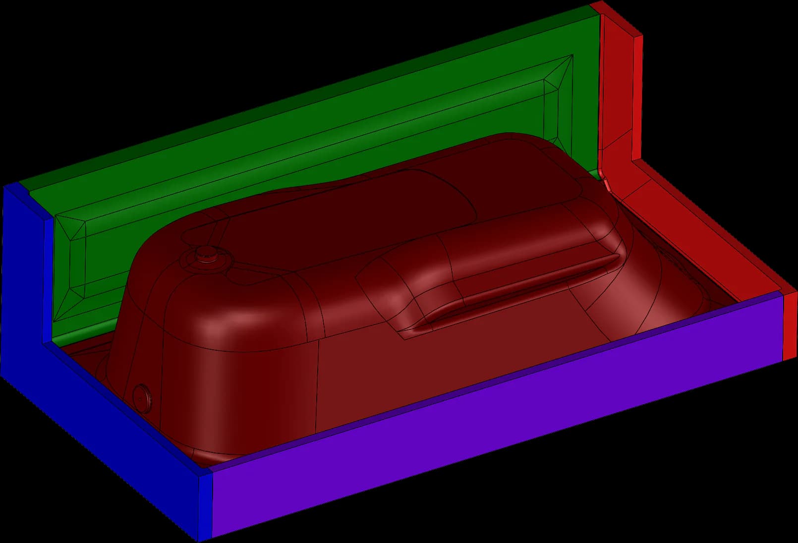 Color-coded CAD model of a thermoforming part and tooling arrangement