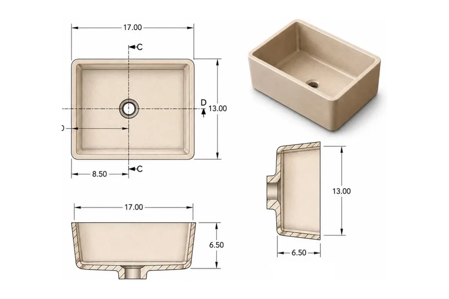 Catalog drawings of the Mesa deep rectangular bowl with labeled dimensions